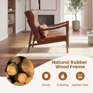 Modern Accent Chair with Solid Rubber Wood Faux Leather Upholstered Armchair-Brown