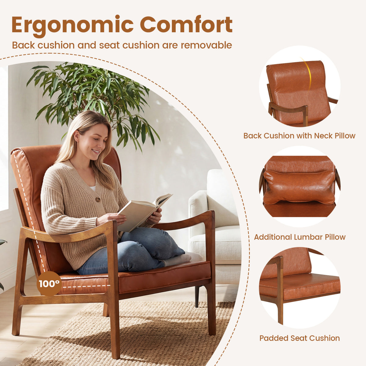 Modern Accent Chair with Solid Rubber Wood Faux Leather Upholstered Armchair-Brown