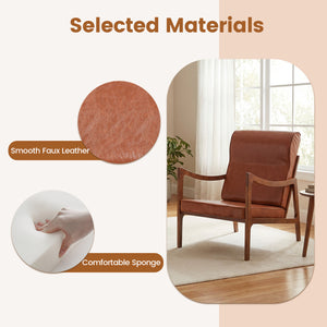 Modern Accent Chair with Solid Rubber Wood Faux Leather Upholstered Armchair-Brown