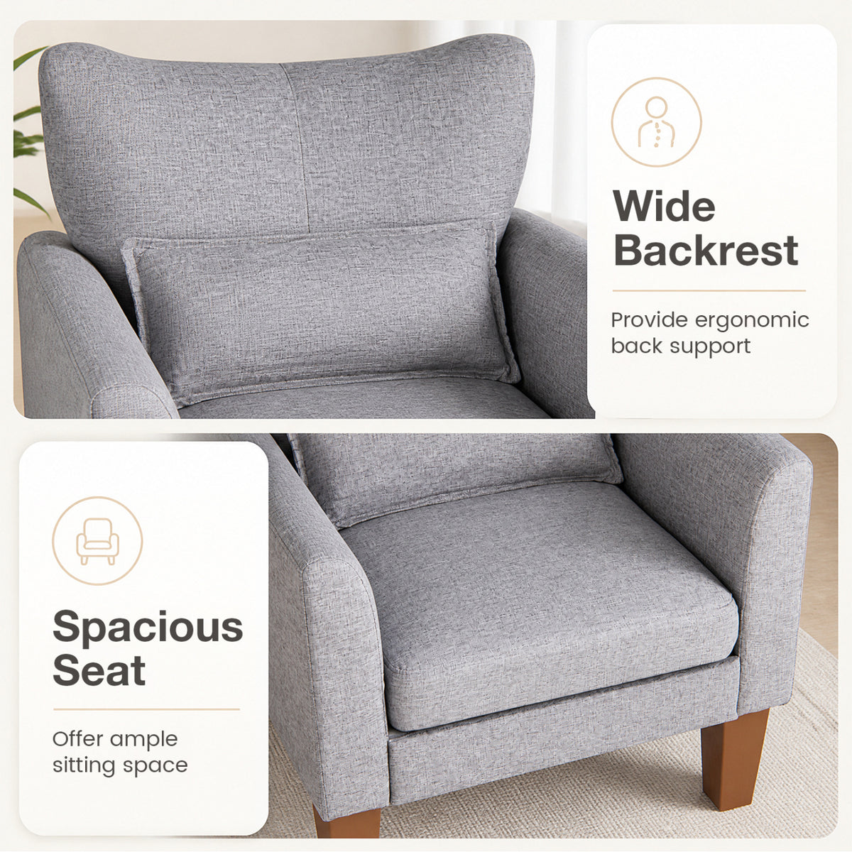 Modern Accent Chair with Removable Cushion & Pillow for Living Room-Gray
