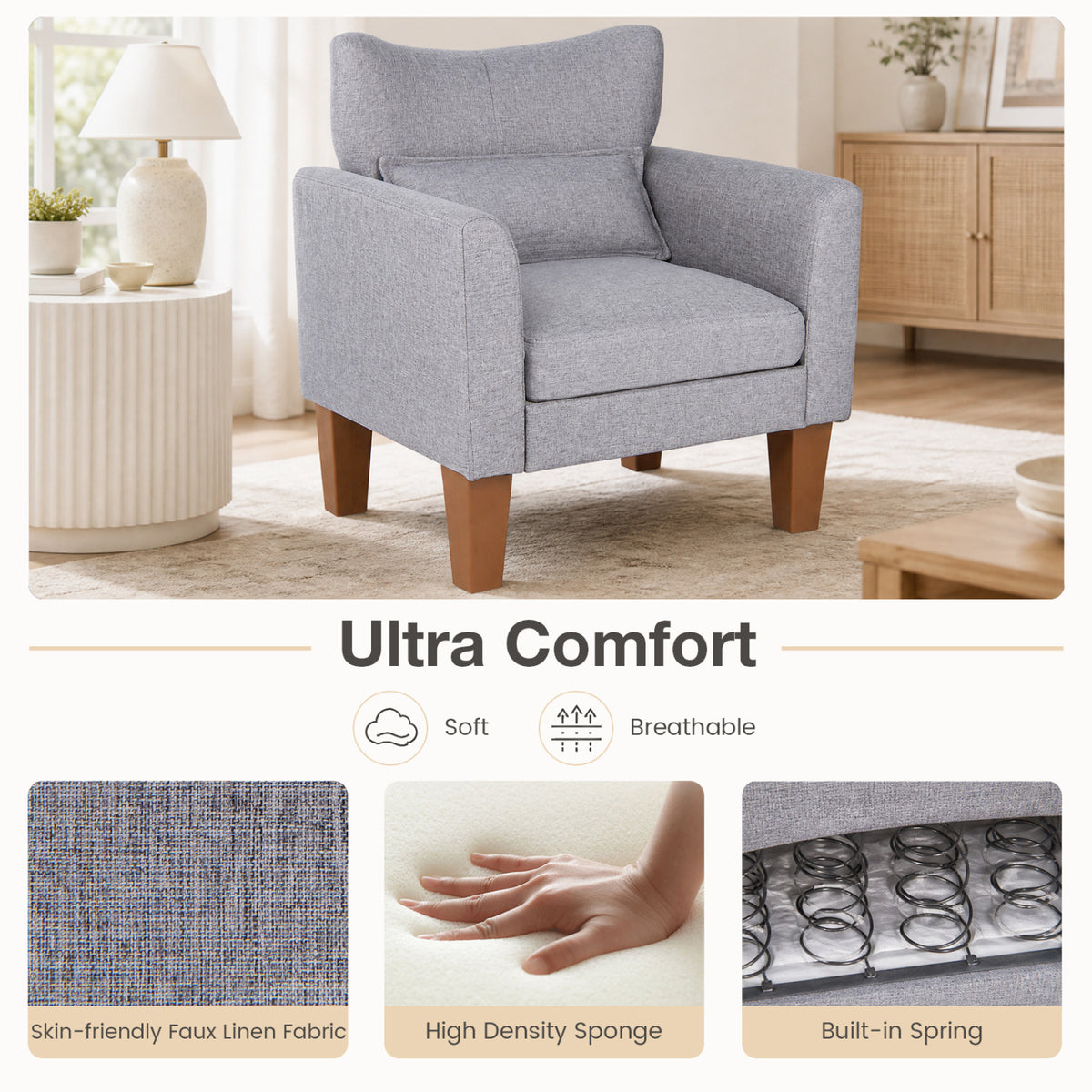 Modern Accent Chair with Removable Cushion & Pillow for Living Room-Gray