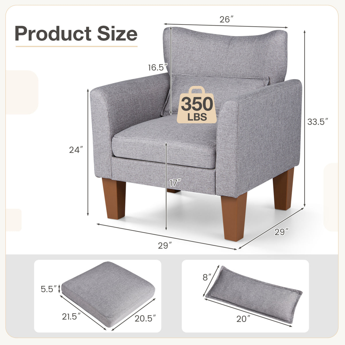 Modern Accent Chair with Removable Cushion & Pillow for Living Room-Gray