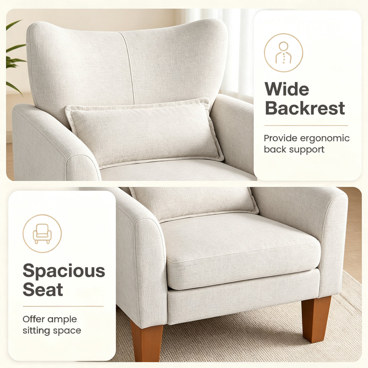 Modern Accent Chair with Removable Cushion & Pillow for Living Room-Beige