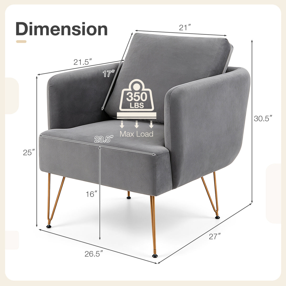 Modern Accent Chair w/Back Cushion & Golden Metal Legs for Living Room Bedroom-Gray