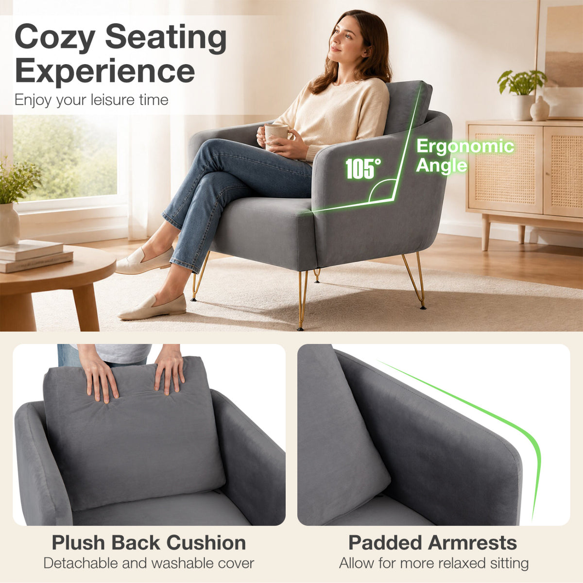 Modern Accent Chair w/Back Cushion & Golden Metal Legs for Living Room Bedroom-Gray