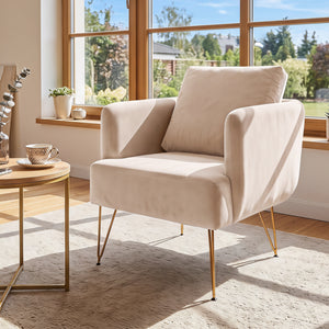 Modern Accent Chair w/Back Cushion & Golden Metal Legs for Living Room Bedroom-Beige
