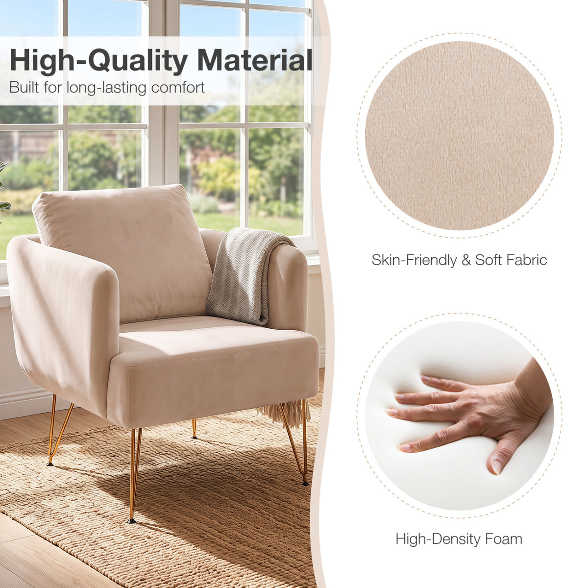 Modern Accent Chair w/Back Cushion & Golden Metal Legs for Living Room Bedroom-Beige