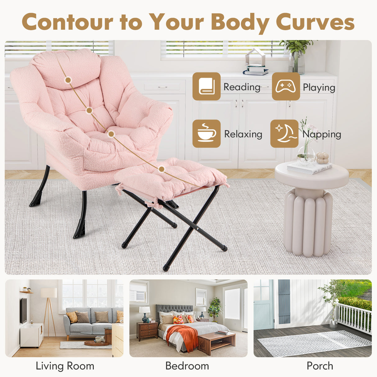Modern Accent Chair with Folding Footrest and Head Pillow-Pink