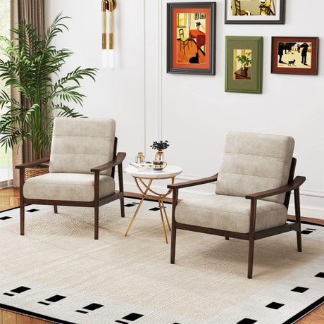 Modern Accent Chair with Rubber Wood Armrests and Legs for Living Room-Brown