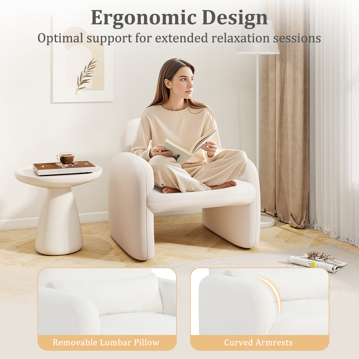 Modern Accent Chair with Waist Pillow and Armrests for Living Room Bedroom-Beige