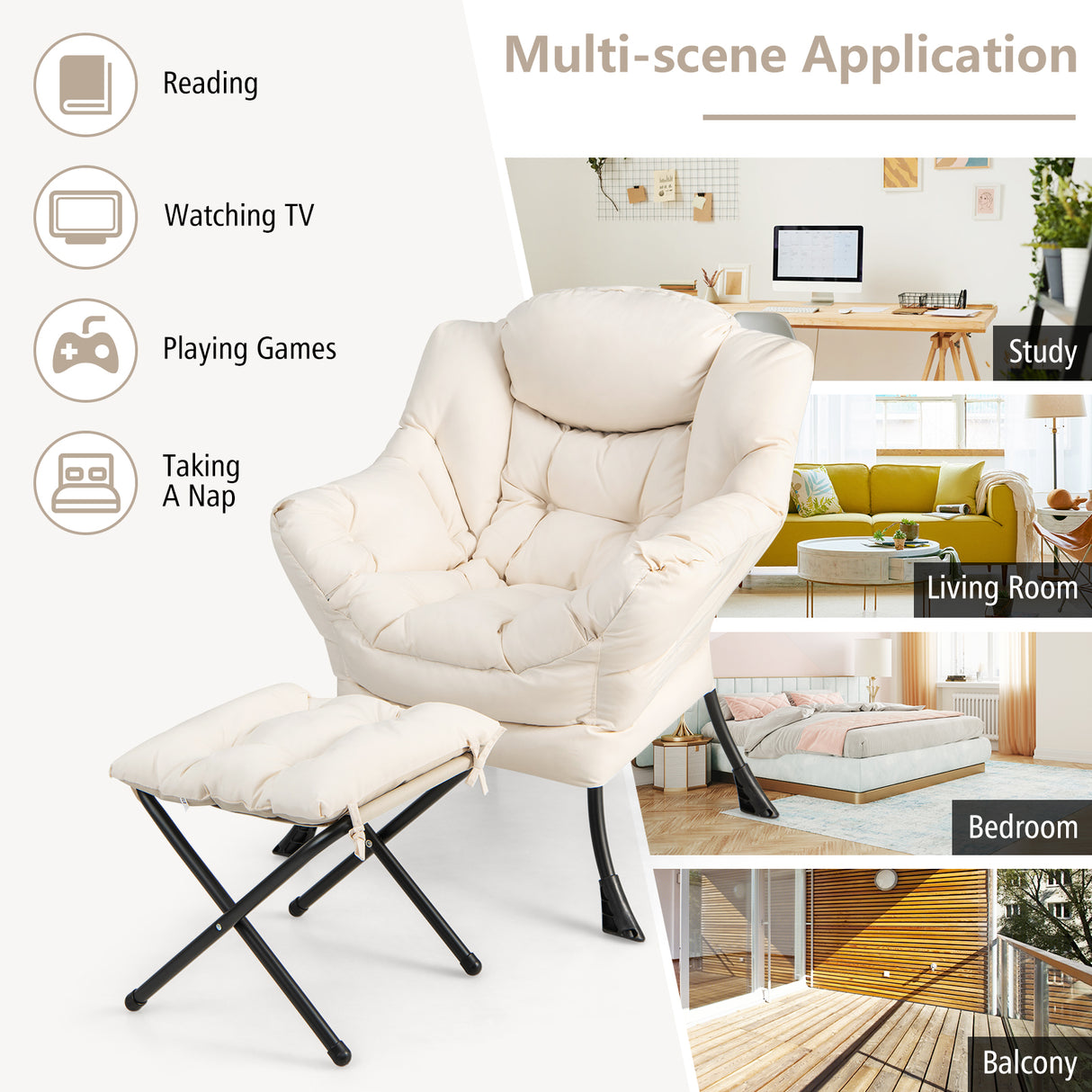 Modern Accent Sofa Chair with Folding Footrest and Side Pocket-Beige