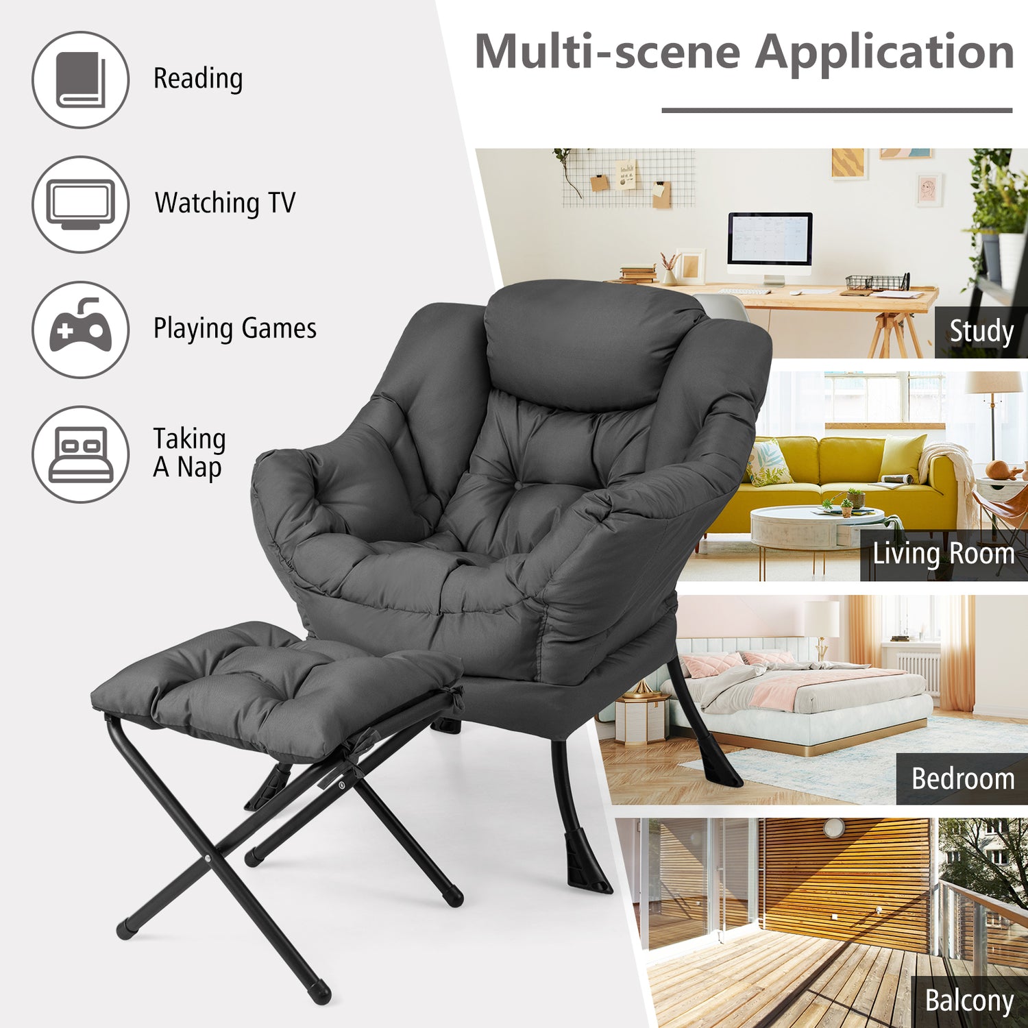 Modern Accent Sofa Chair with Folding Footrest and Side Pocket-Gray