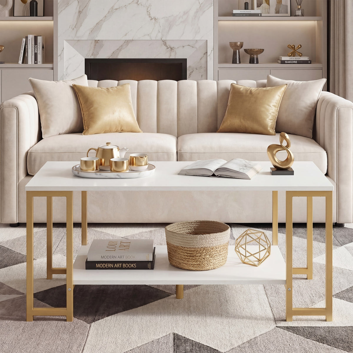 Modern Accent Table with Open Storage Shelf for Apartment and Lounge-White