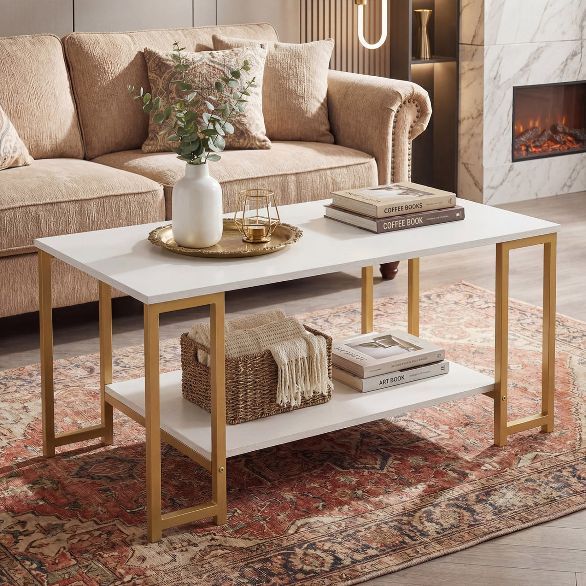 Modern Accent Table with Open Storage Shelf for Apartment and Lounge-White