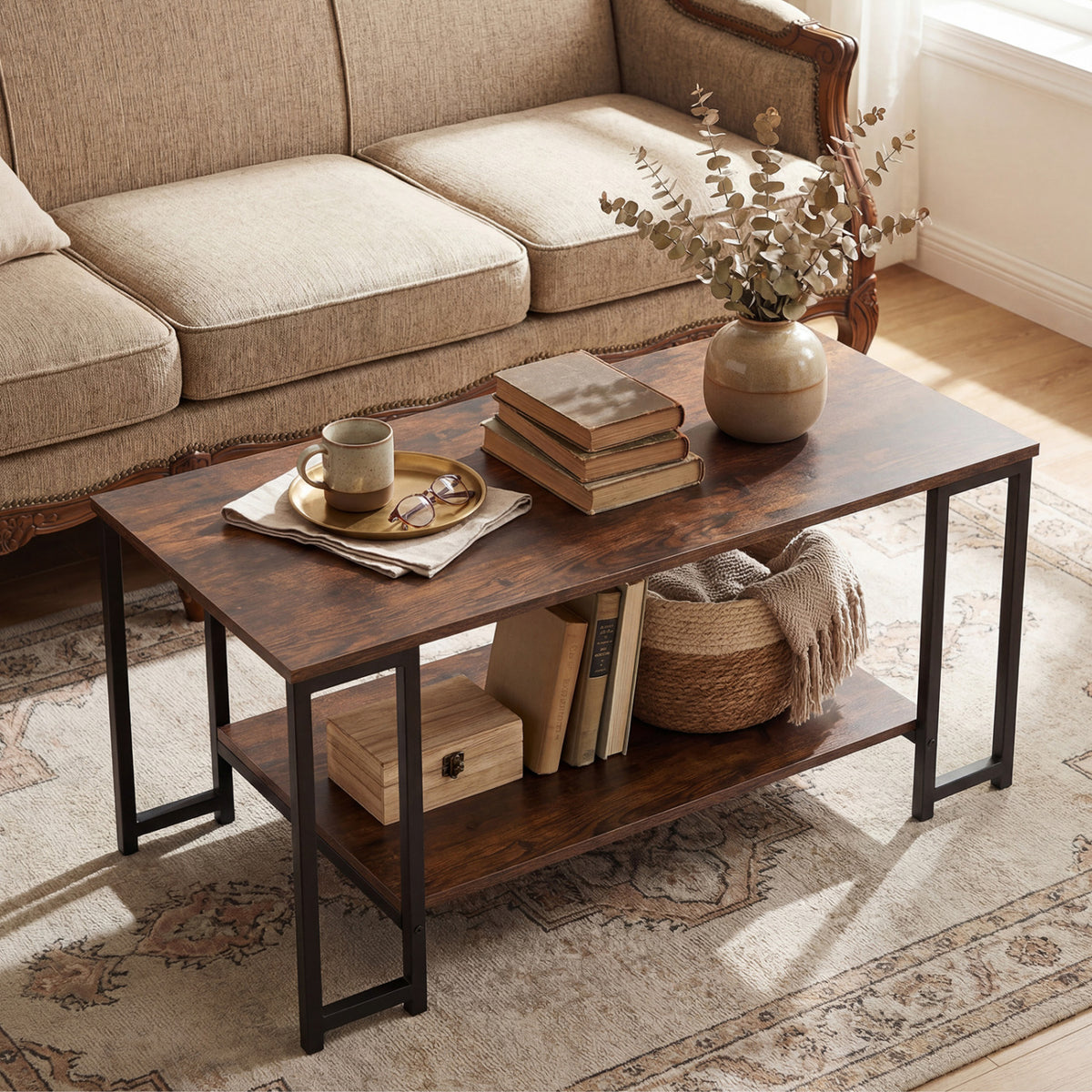 Modern Accent Table with Open Storage Shelf for Apartment and Lounge-Rustic Brown