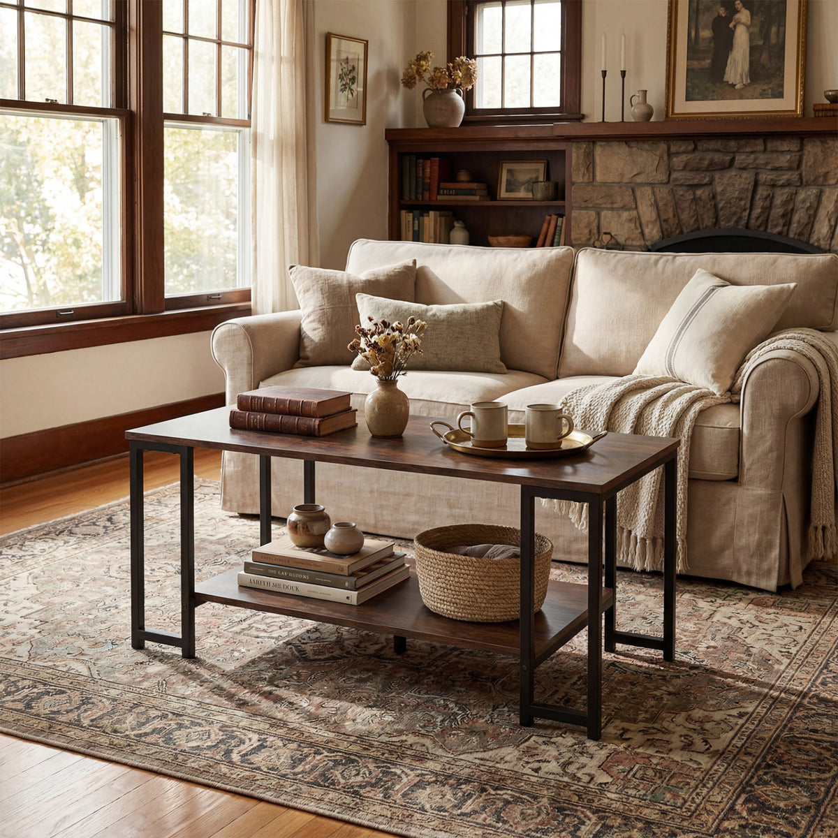 Modern Accent Table with Open Storage Shelf for Apartment and Lounge-Rustic Brown