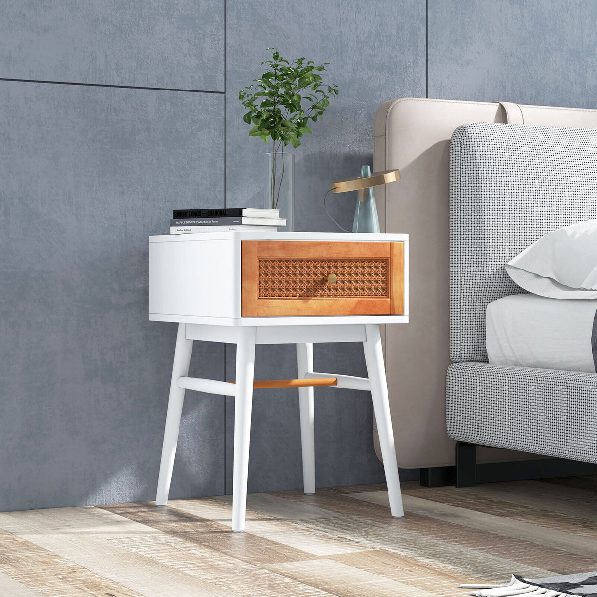 1-Drawer Modern Bedside Table with Solid Wood Legs-White by DirectDeals