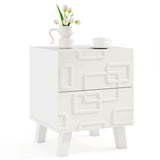 Modern Nightstand Side Table with Drawers and 3D Geometric Patterns-White