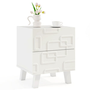 Modern Nightstand Side Table with Drawers and 3D Geometric Patterns-White