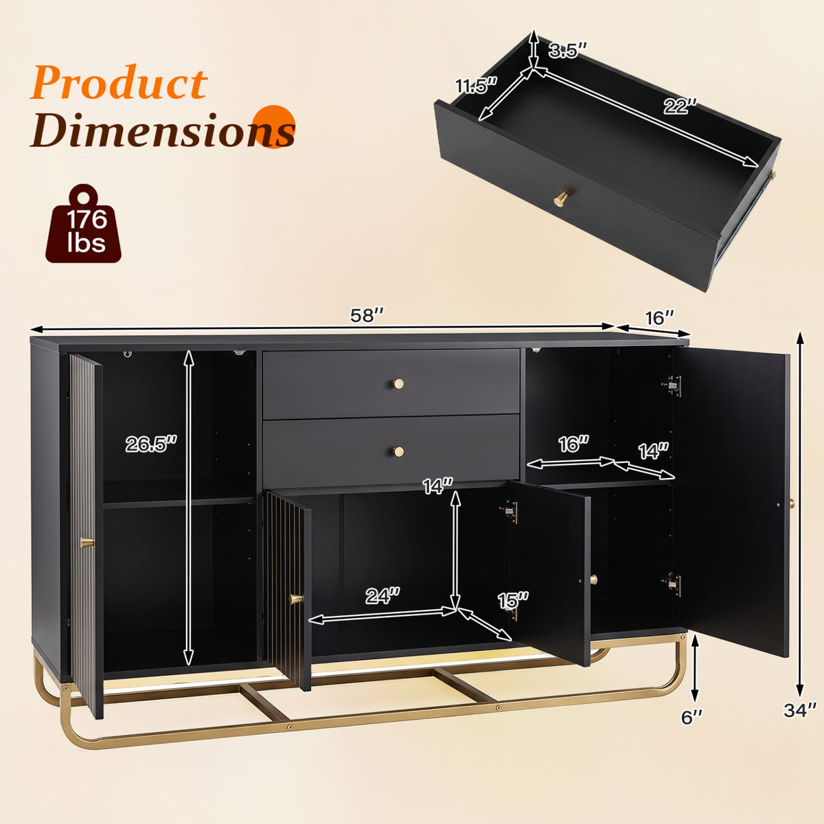 Modern Buffet Sideboard Cabinet w/ 2 Drawers & Adjustable Shelves for Dining Room-Black