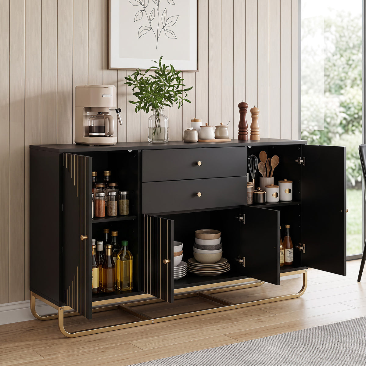 Modern Buffet Sideboard Cabinet w/ 2 Drawers & Adjustable Shelves for Dining Room-Black