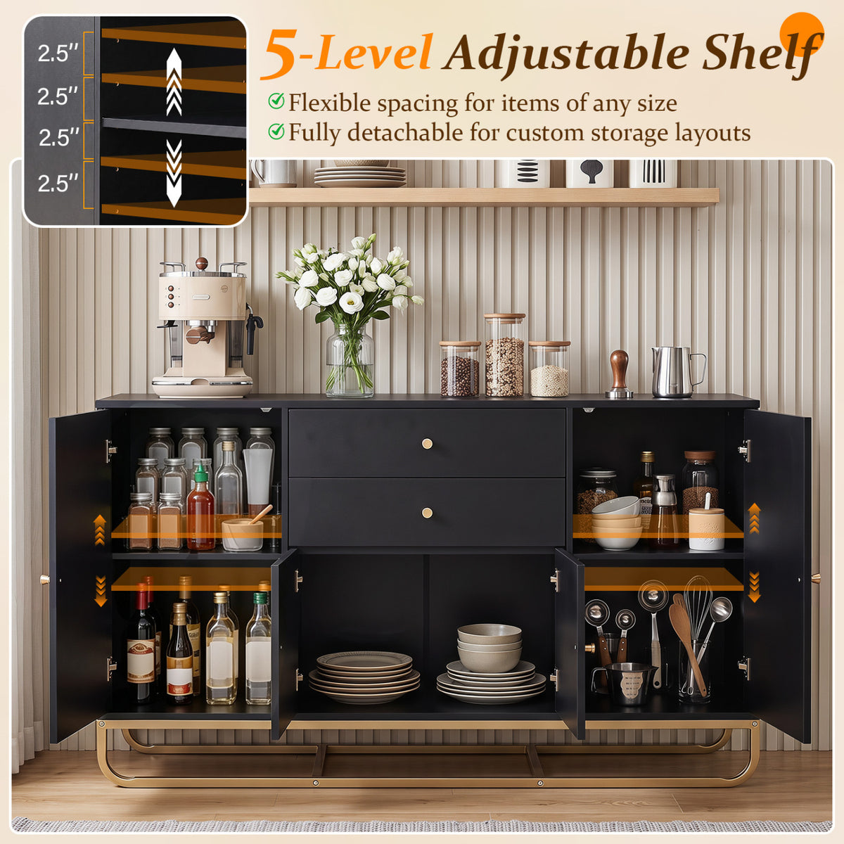 Modern Buffet Sideboard Cabinet w/ 2 Drawers & Adjustable Shelves for Dining Room-Black