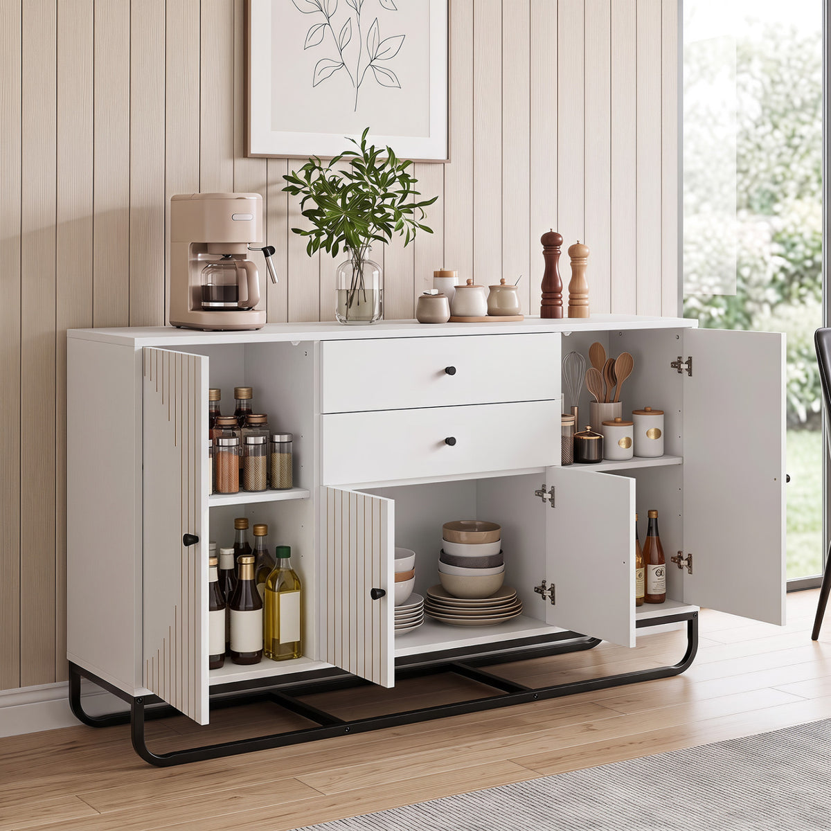 Modern Buffet Sideboard Cabinet w/ 2 Drawers & Adjustable Shelves for Dining Room-White