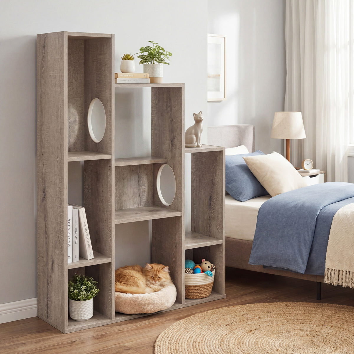 Modern Cat Bookshelf Cat Tree 8-Section Storage Cabinet with 2 Round Holes-Gray Oak