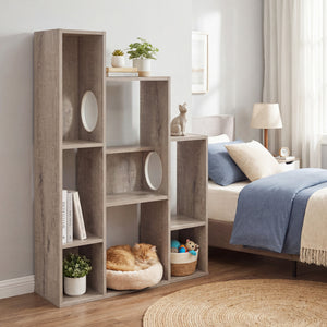 Modern Cat Bookshelf Cat Tree 8-Section Storage Cabinet with 2 Round Holes-Gray Oak