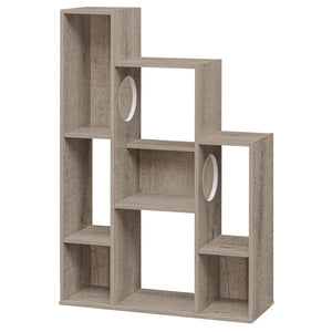 Modern Cat Bookshelf Cat Tree 8-Section Storage Cabinet with 2 Round Holes-Gray Oak