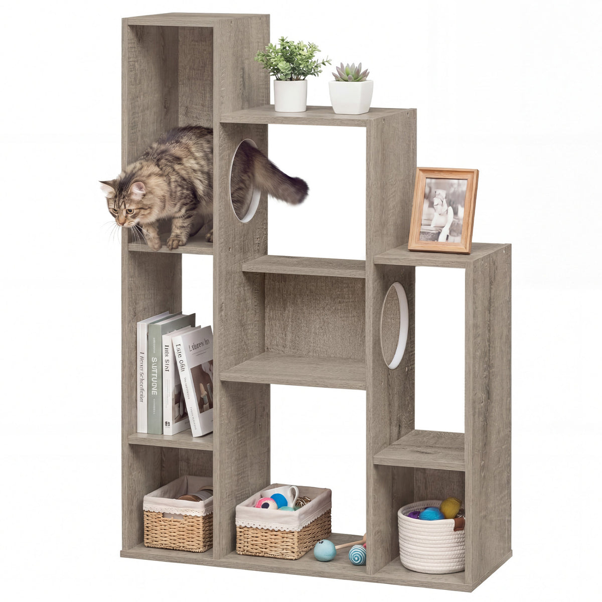 Modern Cat Bookshelf Cat Tree 8-Section Storage Cabinet with 2 Round Holes-Gray Oak