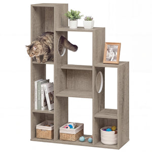 Modern Cat Bookshelf Cat Tree 8-Section Storage Cabinet with 2 Round Holes-Gray Oak