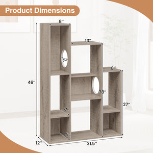 Modern Cat Bookshelf Cat Tree 8-Section Storage Cabinet with 2 Round Holes-Gray Oak
