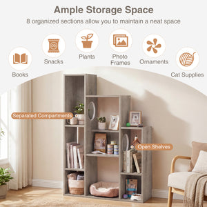 Modern Cat Bookshelf Cat Tree 8-Section Storage Cabinet with 2 Round Holes-Gray Oak