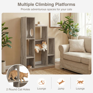 Modern Cat Bookshelf Cat Tree 8-Section Storage Cabinet with 2 Round Holes-Gray Oak