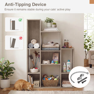 Modern Cat Bookshelf Cat Tree 8-Section Storage Cabinet with 2 Round Holes-Gray Oak