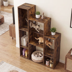 Modern Cat Bookshelf Cat Tree 8-Section Storage Cabinet with 2 Round Holes-Rustic Brown