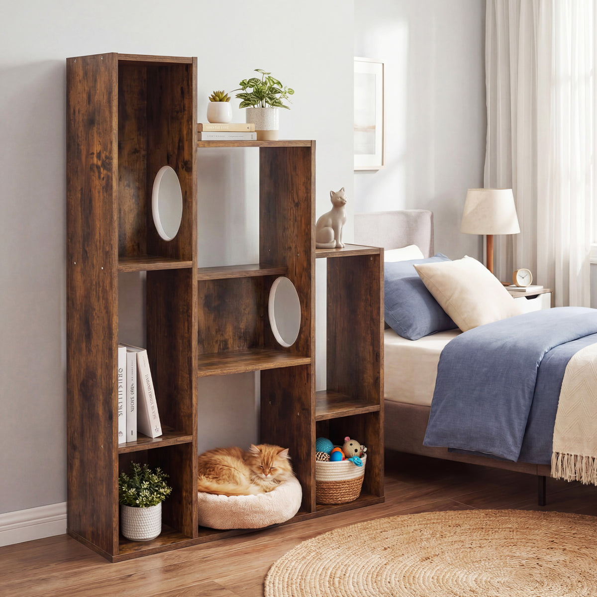 Modern Cat Bookshelf Cat Tree 8-Section Storage Cabinet with 2 Round Holes-Rustic Brown