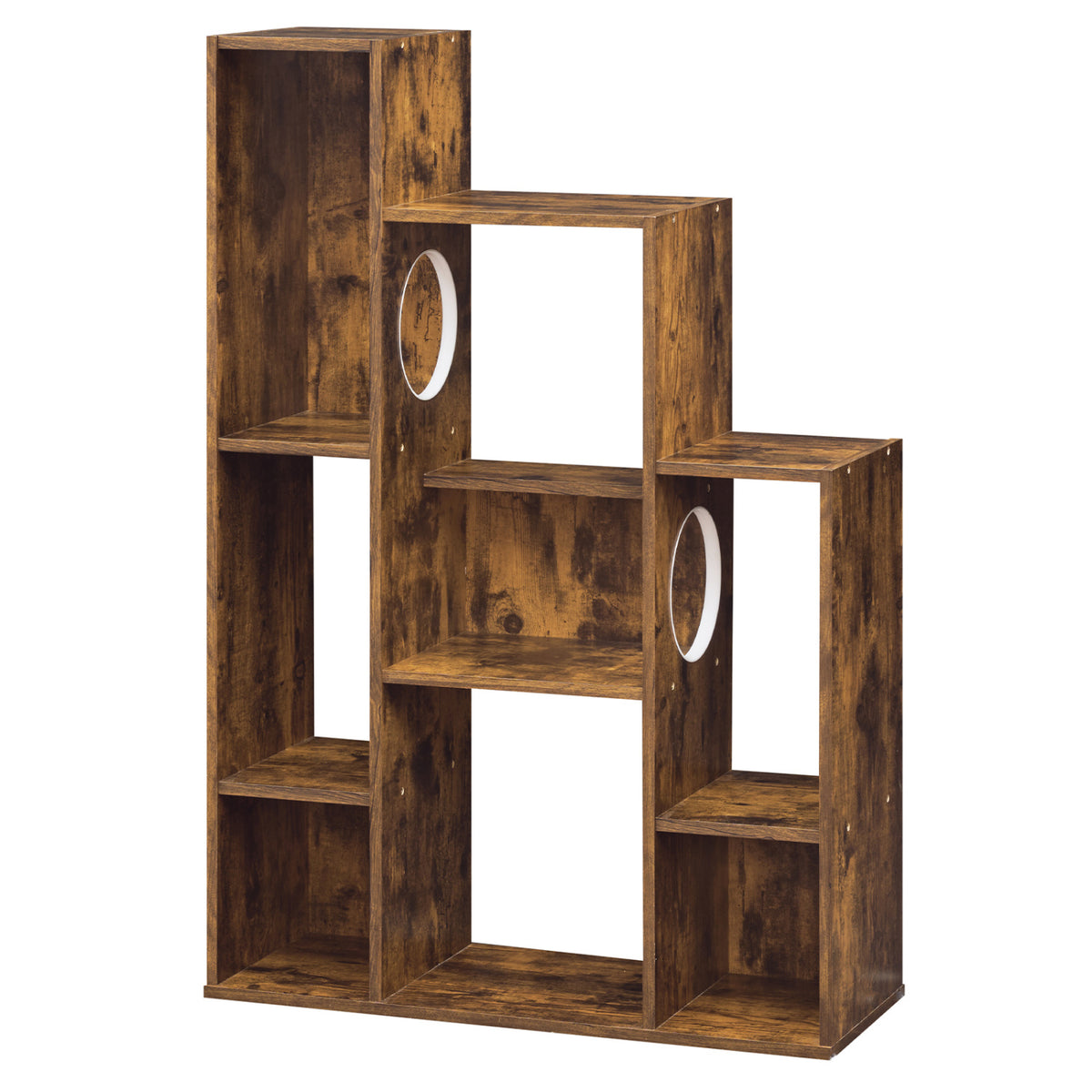 Modern Cat Bookshelf Cat Tree 8-Section Storage Cabinet with 2 Round Holes-Rustic Brown