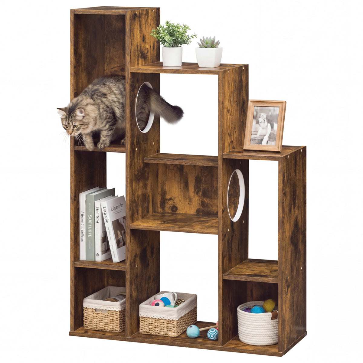 Modern Cat Bookshelf Cat Tree 8-Section Storage Cabinet with 2 Round Holes-Rustic Brown