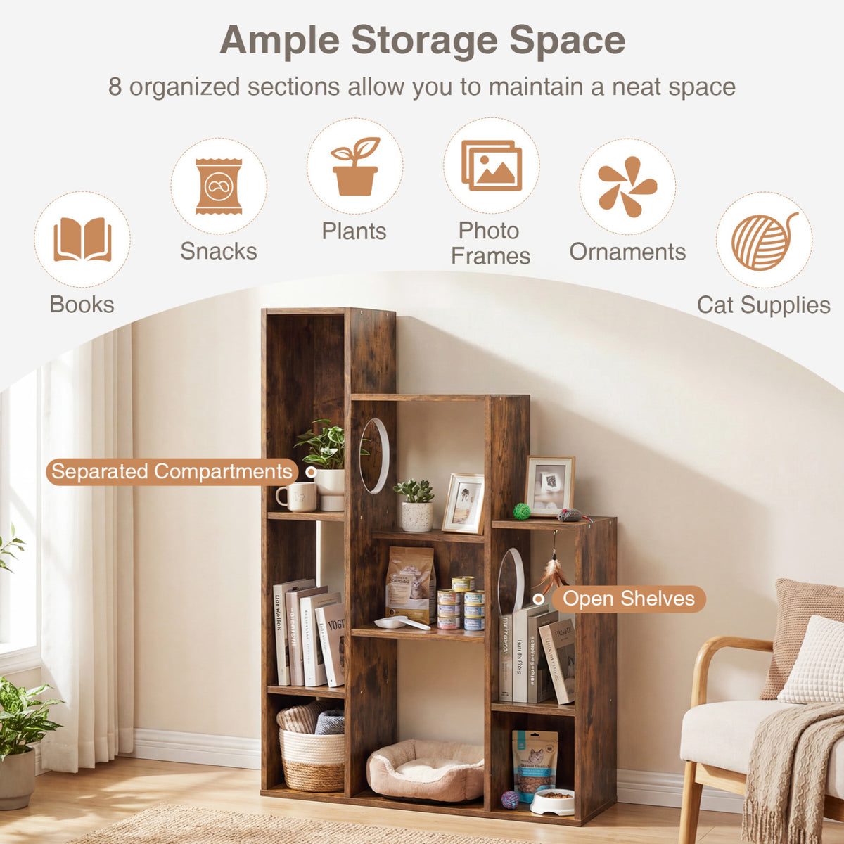 Modern Cat Bookshelf Cat Tree 8-Section Storage Cabinet with 2 Round Holes-Rustic Brown