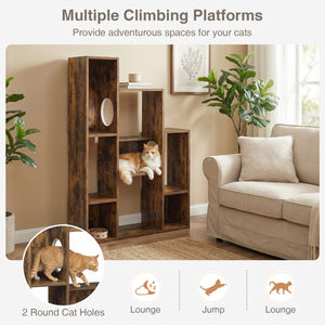 Modern Cat Bookshelf Cat Tree 8-Section Storage Cabinet with 2 Round Holes-Rustic Brown