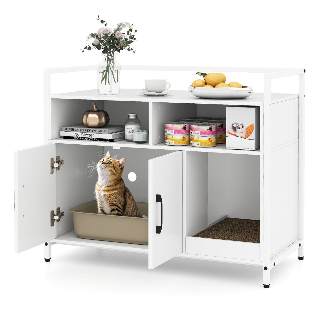 Hidden Cat Washroom with Double Doors and Scratch Cardboard-Off White
