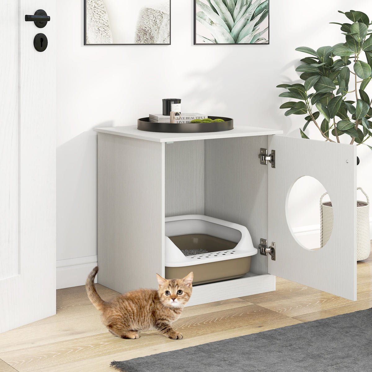 Modern Cat Litter Box Enclosure for Small to Large Cats-White