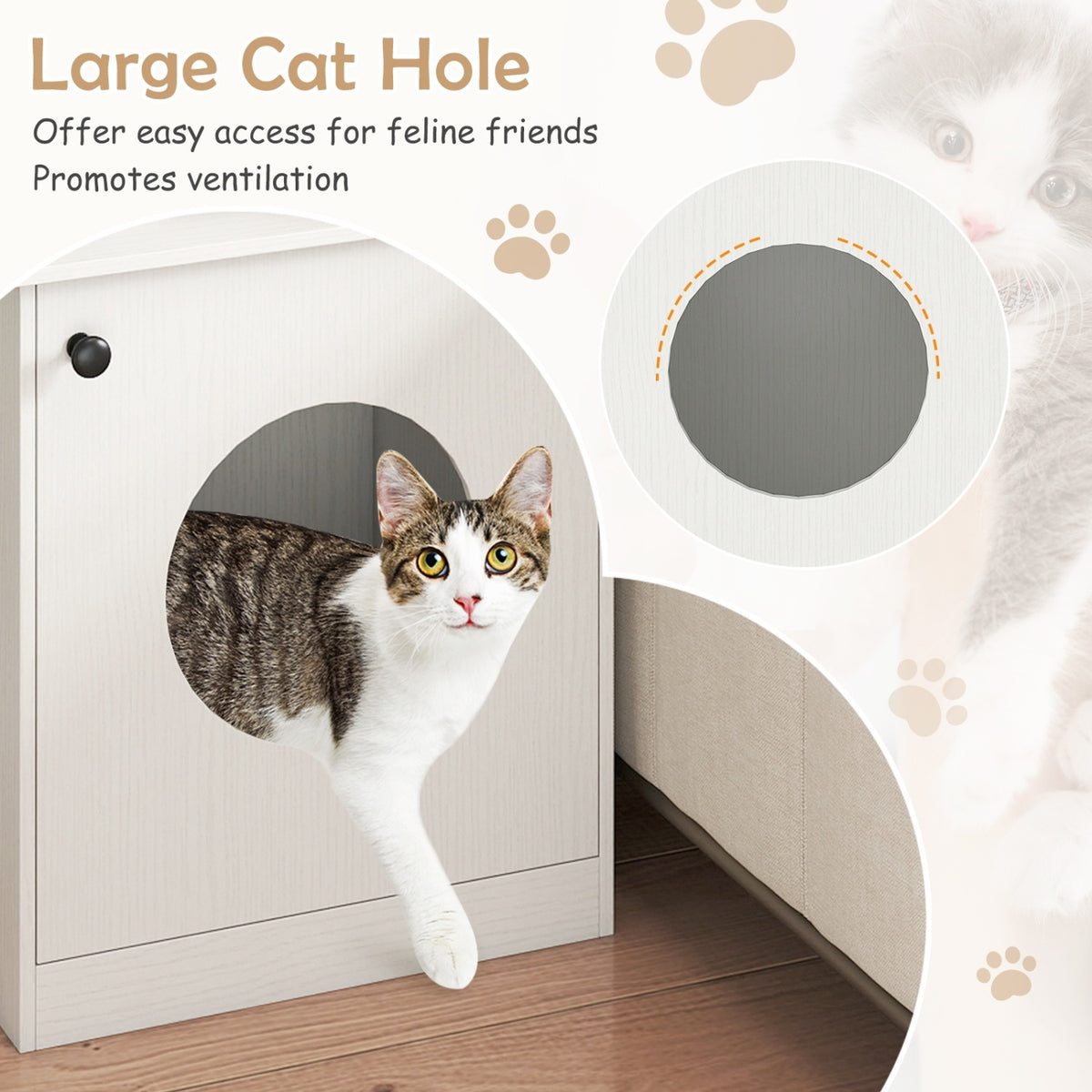 Modern Cat Litter Box Enclosure for Small to Large Cats-White