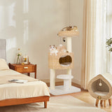 Modern Cat Tower Cat Tree with Top Perch Cattail Fluff Condo-Natural