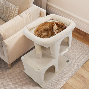 Modern Cat Tree Space-saving Cat Tower with Upholstered Perch and 2 Cat Condos-Beige