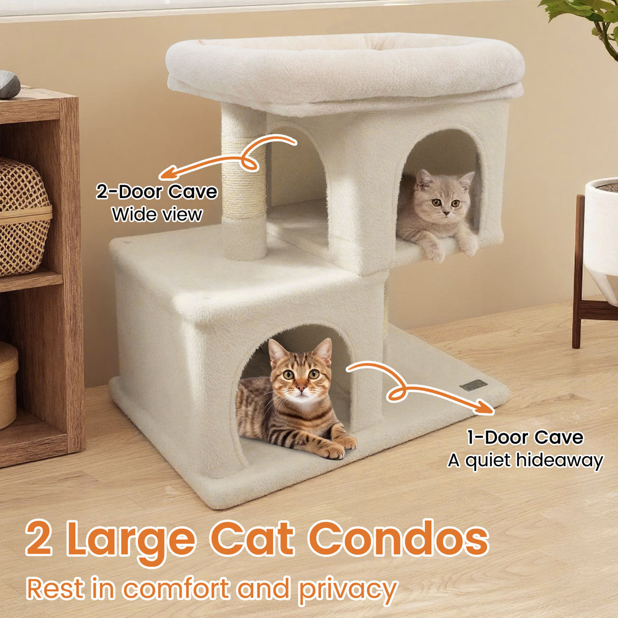 Modern Cat Tree Space-saving Cat Tower with Upholstered Perch and 2 Cat Condos-Beige