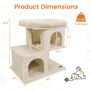 Modern Cat Tree Space-saving Cat Tower with Upholstered Perch and 2 Cat Condos-Beige