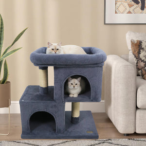Modern Cat Tree Space-saving Cat Tower with Upholstered Perch and 2 Cat Condos-Dark Grey